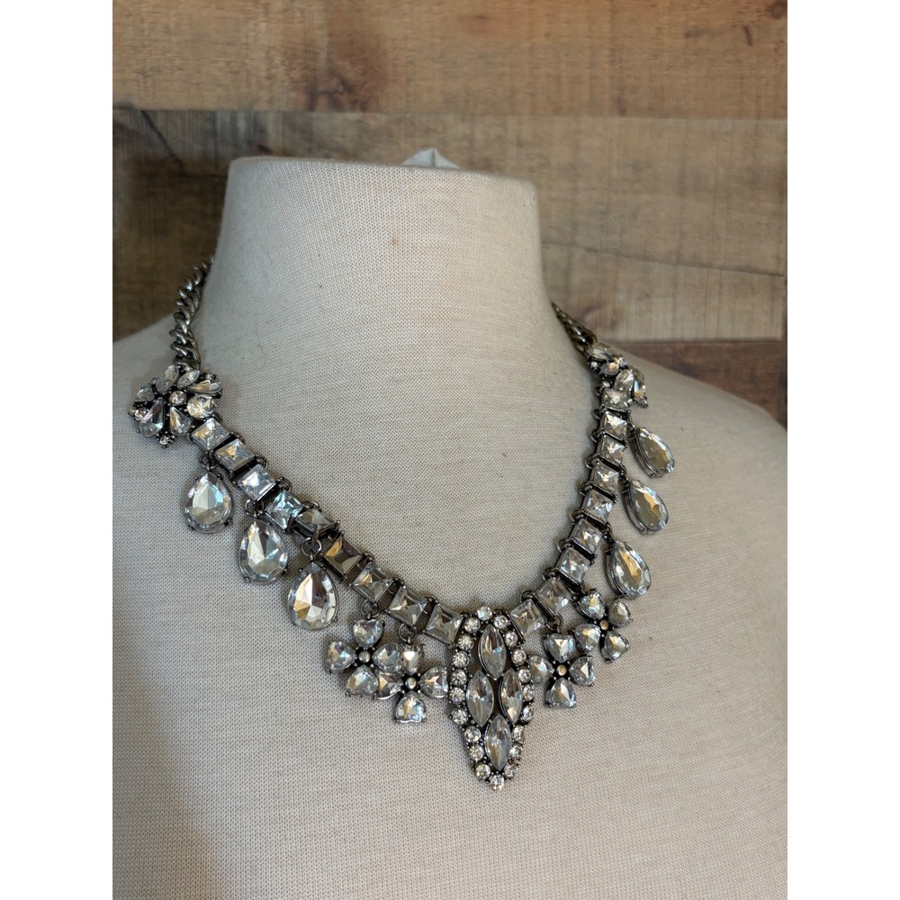 Gunmetal Clear Crystal Tiered Statement Collar Necklace Teardrop Marquise